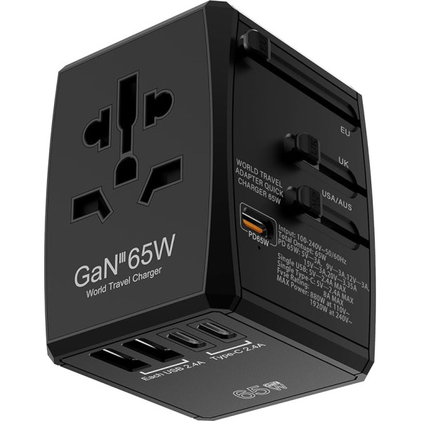 Sanicata universālais ceļojuma adapteris, 65 W GaN ceļojuma adapteris, ātrais lādētājs, ceļojuma kontaktdakšas adapteris visā pasaulē ar 2 USB un 3 USB C, starptautiskais lādētājs A/C/G/I (ASV/UK/ES/AUS) - melns