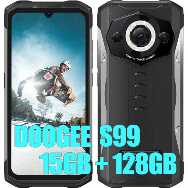 DOOGEE S99 (2023), Helio G96 15GB + 128GB, viedtālrunis bez līguma, 108MP kamera (64MP infrasarkanā) + 16MP + 32MP, 4G IR nakts redzamība, Android 12 6,3 collas, 6000 mAh akumulators, bezvadu uzlāde NFC