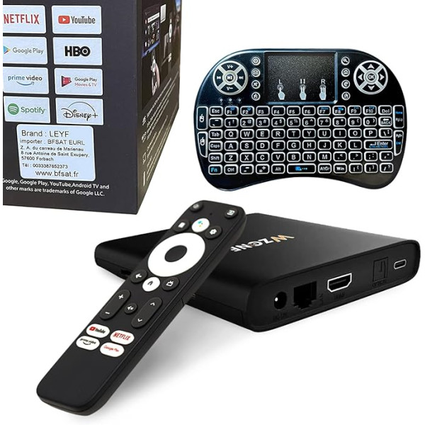 Leyf 4K Android TV Box Oriģinālā Google LLC un Netflix, Disney, Prime Video licence WiFi, C tipa, HDMI 2.1, USB 3.0, Ethernet, MicroSD/Mini tastatūra/Smart TV, Chromecast, YouTube