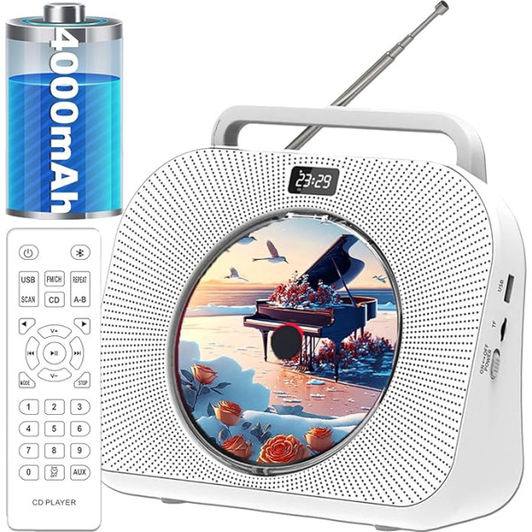 CD Player, Portable Bluetooth CD Player with 4000 mAh Battery, Built-in HiFi Speaker with Timer, FM Radio USB.