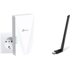 TP-Link RE500X WiFi 6 WLAN pastiprinātājs atkārtotājs AX1500 (Dual Band 1200 MBit/s 5GHz & Archer T3U Plus AC1300 High Gain USB WLAN stick adapteris ar antenām)