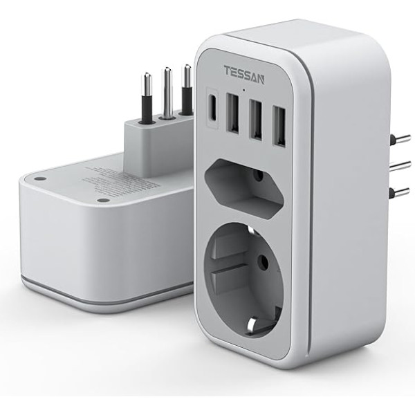 TESSAN Adapter Italien Steckdose, 6 in 1 Reiseadapter Italien mit 1 USB C und 3 USB A, 2500W Reiseadapter Chile, Adapter Italien Deutschland Stecker, Steckdosenadapter USB für Italien Chile Uruguay