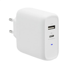 Amazon Basics GaN 63W divportu sienas lādētājs ar 1 USB-C pieslēgvietu 45 W un 1 USB-A pieslēgvietu 18 W klēpjdatoriem, planšetdatoriem un tālruņiem ar barošanas avotu, balts (ne PPS), 6,6 x 2,94 x 6,24 cm