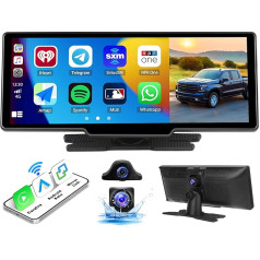 Bezvadu Apple Carplay un Android pārnēsājamais auto radio, 10,26 collu skārienjūtīgais ekrāns ar navigāciju Bluetooth Mirror Link FM/AUX/Type-c + 2,5K Dash Cam priekšējā kamera + 1080p aizmugures skata kamera + kamera