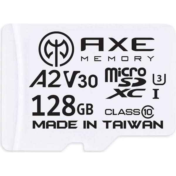 AXE 128 GB MicroSDXC atmiņas karte + SD adapteris ar A2 App Performance, V30 UHS-I U3, 4K, Ultra HD, 10. klase