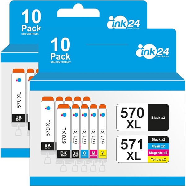 20 ink24® XL spausdintuvų kasečių, pakeičiančių PGI-570 ir CLI-571