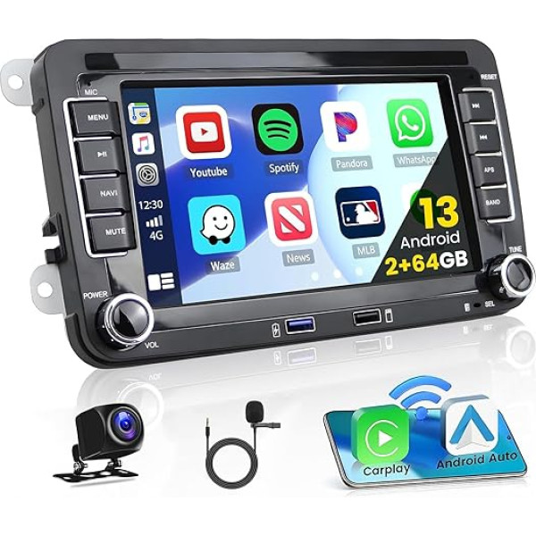 2 + 64 GB Android 13 Auto radio ar satelīta navigāciju VW Golf 5 6 Skoda Passat Hikity 7 collu bezvadu Apple Carplay autoradio Bluetooth ar Android Auto HiFi WiFi FM RDS USB SWC Mic atpakaļgaitas kamera