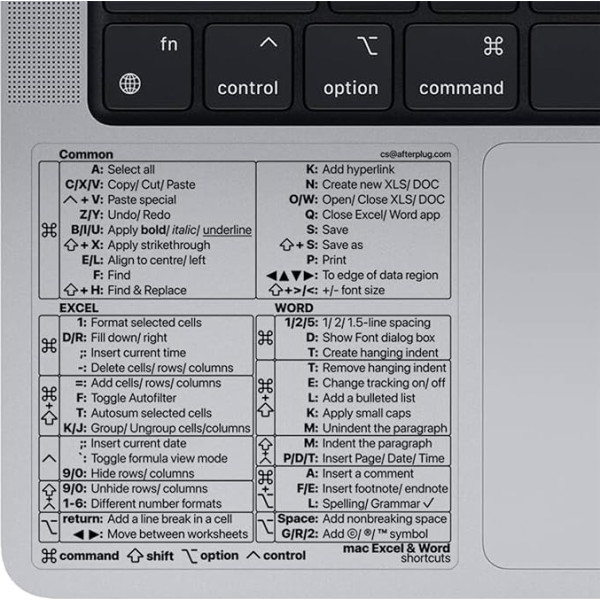 Mac Excel un Word īsceļu uzlīmes, Vinila uzlīmes 13-16 collu MacBook Pro/Air, saderīgas ar Excel un Word Mac, bez atlikumiem (caurspīdīgas ar melniem burtiem, 5 gab.)