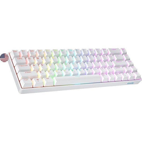 Geeky GK65 65% | Greitai keičiama mechaninė žaidimų klaviatūra | 68 klavišai su įvairiaspalviu RGB LED apšvietimu kompiuteriams ir Mac žaidėjams| ANSI JAV amerikietiškas išdėstymas (balta, mechaninė, ruda)