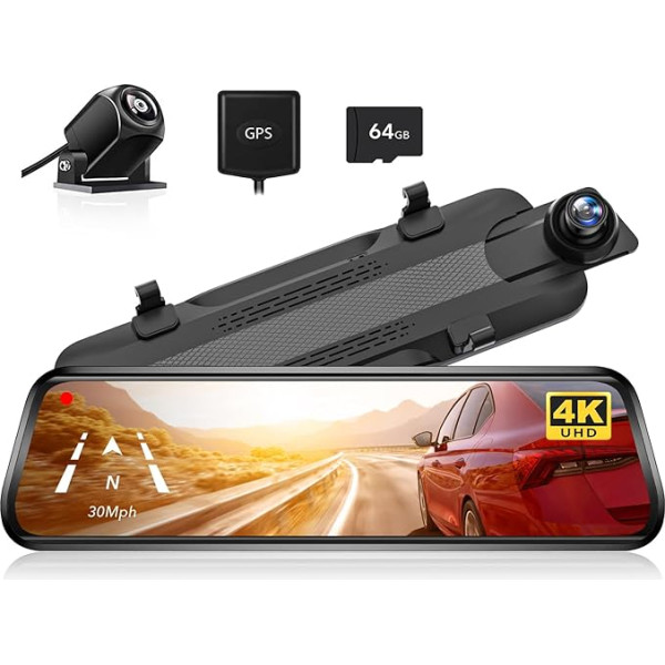 WOLFBOX G930 4K Rearview Mirror Camera, Dash Cam Front and Rear for Car with 64GB, Touchscreen Rear View Mirror, Rear View Camera, Parking Monitor