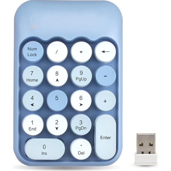 Yunseity mehāniskā ciparu tastatūra, 2.4G bezvadu 18 taustiņu ciparu tastatūra, jauktas krāsas, mīlīga retro ciparvadības tastatūra datoram, klēpjdatoram, piezīmjdatoram utt. (zila)