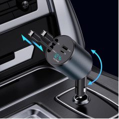 Retractable Car Charger, 4-in-1 60 W Car Charger, Cigarette Lighter, USB C with Retractable Cable and Charging Ports, Car Charging Cable for iPhone/Samsung (2 Type-C Ports)