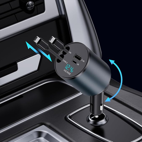 Izvelkamais auto lādētājs, 4-in-1 60 W auto lādētājs, cigarešu aizdedzinātājs, USB C ar izvelkamu kabeli un uzlādes pieslēgvietām, auto uzlādes kabelis iPhone/Samsung (2 C tipa pieslēgvietas)