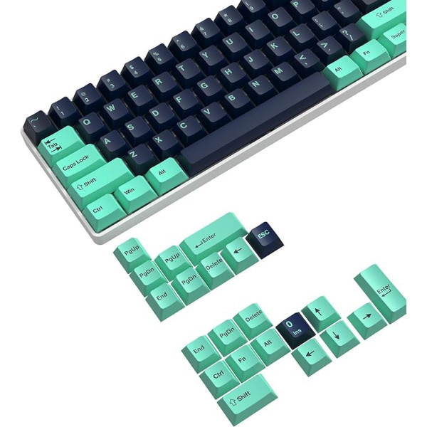 PBT Keycaps 126 клавиш, Cherry Profile Double-Shot Keys Set for Gaming Keyboard, ANSI Layout (US), for Cherry Gateron Kailh MX Switch Mechanical Keyboard, Mint Green and Dark Blue