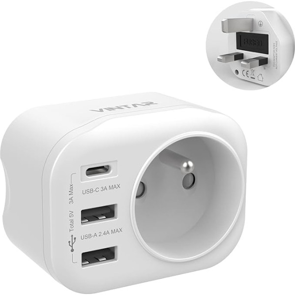 VINTAR 1 x Adapter Prise Anglaise UK Angleterre Française Adaptateur de Voyage Avec 2 USB-A et 1 USB-C 3A, Adaptor Prise France vers UK Ireland Malaisie Singapour, Type G