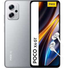 Xiaomi Poco X4 GT 5G viedtālrunis + austiņas, 8 + 256 GB mobilais tālrunis bez līguma, 6,6 collu 144 Hz DynamicSwitch DotDisplay, 64 MP trīskāršā kamera, 5080 mAh, 67 W TurboCharge, sudraba (vācu)