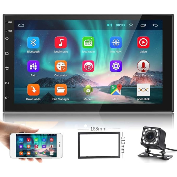 Podofo Double DIN Android 9.1 auto radio ar Bluetooth brīvroku komplektu 4.0 / USB / WiFi / GPS / Mirror Link MP5 / SD / FM / AUX / SWC ar aizmugures skata kameru (12 gaismas) Android/iOS ierīcēm