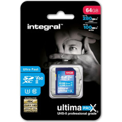 Integrēta 64GB UHS-II SD karte v60 ar ātrumu līdz 280MB/s un 100MB/s ātrgaitas SDXC profesionālā ātrgaitas SDXC karte