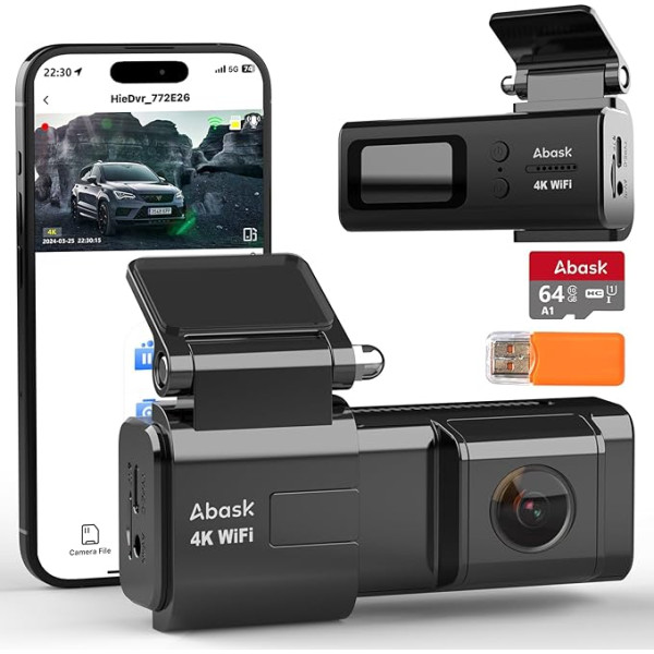 Abask 4K WiFi Dashcam, Auto Camera mit App-Steuerung, Sprachbenachrichtigung, Dash Cam mit 64GB SD-Karte, Kartenleser, Camera Auto mit Parküberwachung, Infrarot Nachtsicht, G-Sensor, Loop-Aufnahm