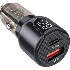 75W automobilinis įkroviklis su LED įtampos indikatoriumi, 2 USB prievadai PD45W + USB30W adapteris automobiliniam įkrovikliui, USB-C adapteris automobiliui 12V/24V mobiliesiems telefonams ir planšetiniams kompiuteriams