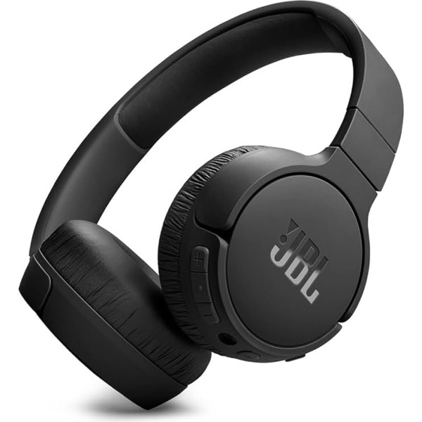 JBL Tune 670NC bezvadu austiņas uz ausīm ar adaptīvu trokšņu slāpēšanu un salokāmu dizainu - līdz 44 stundu akumulatora darbības laiks ar ātrās uzlādes funkciju - melnas krāsas