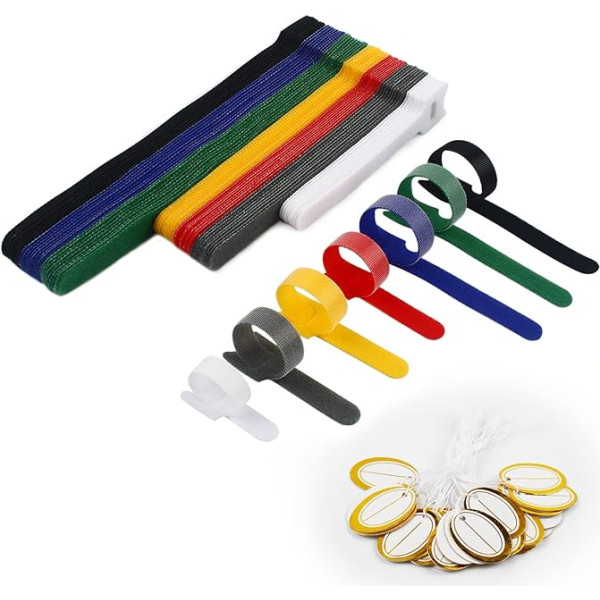 CVIUYO 70P 3 Größen Nylon Bunte Kabelbinder mit 30P Hangtag Wiederverwendbare Kabelbinder Verstellbare lösbare Klett-Kabelbänder für Kabelmanagement und Organisation von Kabeln