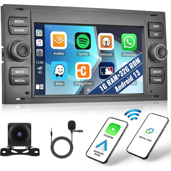 1+32G Android 13 auto radio priekš Ford Focus C-max/S-max Galaxy Fusion Transit Connect ar bezvadu CarPlay Android Car, 7 collu ekrāns ar Bluetooth GPS GPS FM RDS WiFi HiFi SWC EQ + atpakaļgaitas kamera