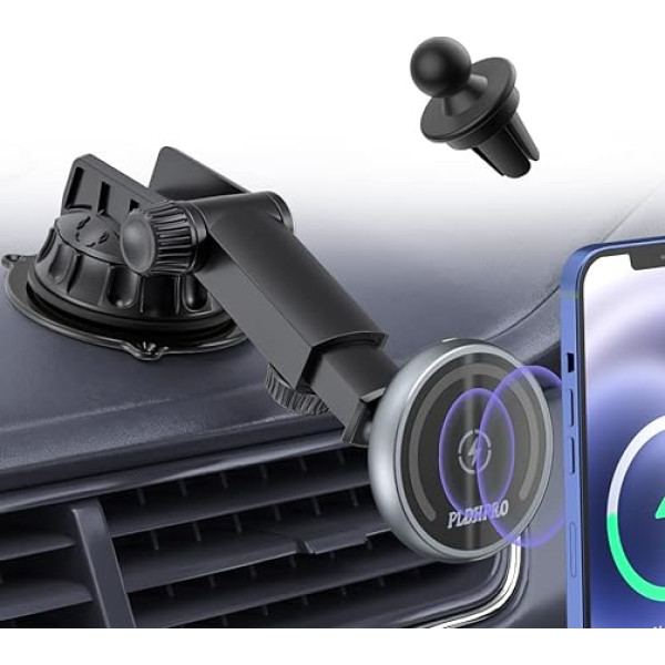 Magnetic Wireless Car Charger Car Mount for MagSafe Phones of iPhone 14/13/12 Series, Dashboard Windscreen Mount Car with Ventilation Clip Mobile Phone Holder