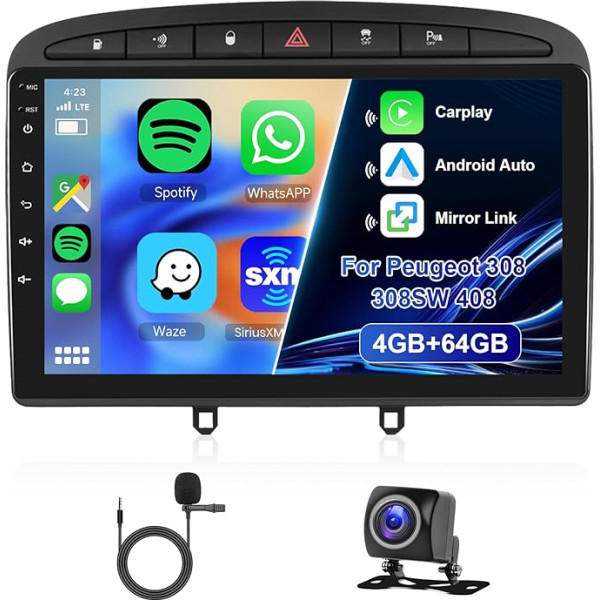 Hodozzy 4G+64G Autoradio für Peugeot 308 308SW 408 2007-2015 Android 8 Core 9 Zoll IPS Touchscreen Bildschirm Navi mit Carplay Android Auto, 2 DIN Radio Bluetooth DSP WiFi FM RDS RüCkfahrkamera