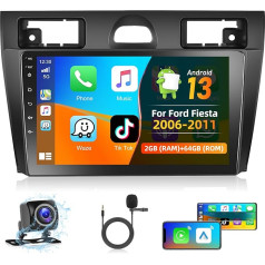 Podofo Android 13 auto radio Ford Fiesta 2006-2011 ar bezvadu Carplay Android auto, 2+64G 9 collu skārienjūtīgais ekrāns ar Bluetooth, WiFi, GPS + atpakaļgaitas kamera