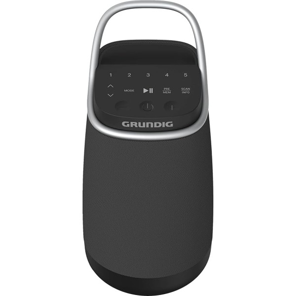 Grundig Bluetooth skaļrunis GBT Band 360, mūzikas kaste, 360° skaņa, 12 W RMS, līdz 30 m diapazons, akumulatora darbības laiks līdz 19 stundām, DAB+ un FM radio, AUX ievade, OLED monohroma displejs, melns