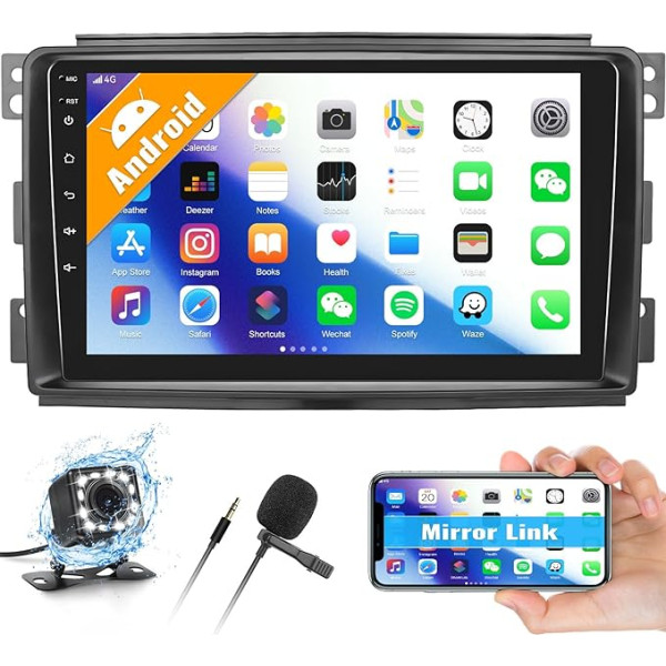 CAMECHO Android 12 auto radio ar satelītnavigācijas sistēmu Mercedes-Benz Smart Fortwo 2005-2010.9 collu ekrāns Double DIN auto radio ar Bluetooth RDS/FM MirrorLink un USB + atpakaļgaitas kamera