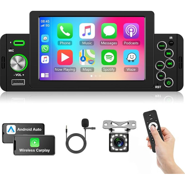 Apple Carplay auto radio 1 DIN ar Android Bluetooth brīvroku komplekts 5 collu auto radio ar Android/iOS Mirror Link Bluetooth FM USB/AUX/TF/Type C/EQ Stūres kontrole atpakaļgaitas kamera