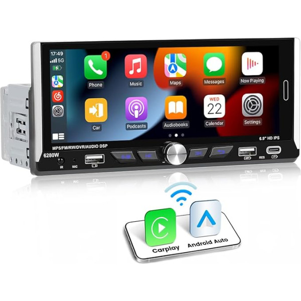 CAEMCHO Autoradio 1 DIN ar Carplay bezvadu Android, 6,9 collu autoradio ar skārienjūtīgu displeju, Bluetooth brīvroku komplekts FM RDS MirrorLink Bluetooth un USB/Type-C