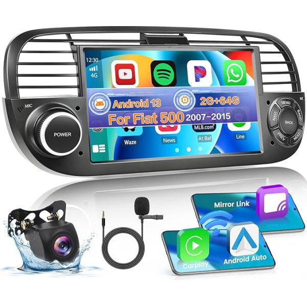 Hikity 2G 64G auto radio ar satelīta navigāciju Fiat 500 2007-2015 7 collu Android 13 Wireless Carplay Auto radio ar Android Car GPS Bluetooth Handsfree WiFi RDS FM SWC atpakaļgaitas kamera