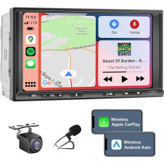 Double DIN Radio Android ar bezvadu CarPlay un bezvadu Android Car, auto radio ar navigāciju, 7 collu ekrāns, auto radio skārienekrāns ar Bluetooth, WiFi, 4G, atpakaļgaitas kamera, AM/FM, AUX/SWC