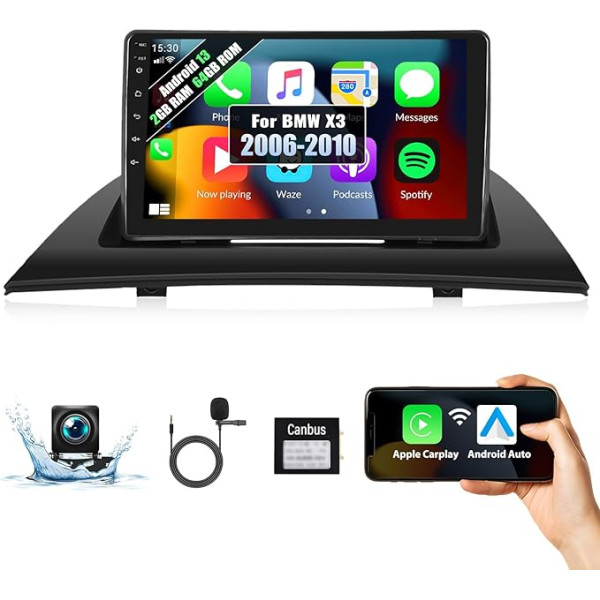 2G + 64G Android 13 auto radio BMW X3 E83 (2004-2012) ar Carplay Bezvadu Android auto 9 collu skārienjutīgais ekrāns Auto radio ar GPS navigāciju HiFi FM/RDS WiFi Bluetooth un USB + atpakaļgaitas kamera un