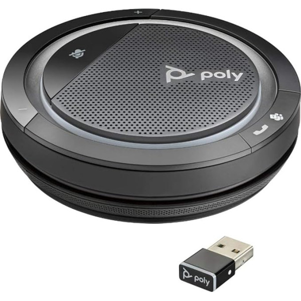 Poly Calisto 5300-M Mobilais konferenču skaļrunis ar USB-C savienojumu, ieskaitot Bluetooth stick BT600 Pilndupleksais audio balss izsaukums Microsoft Teams Melns