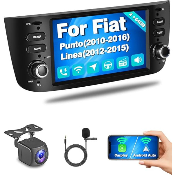 Hikity 2GB + 64GB Android auto radio Apple Carplay priekš Fiat Punto (2010-2016) / Linea (2012-2015) 6,2 collu skārienjūtīgais ekrāns, auto radio ar satelītnavigācijas sistēmu Android Car Hi-Fi FM RDS USB WiFi atpakaļgaitas kamera, mikrofons