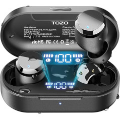 TOZO Tonal Dots Bluetooth austiņas ausīs 5.3 iebūvēts ENC trokšņu slāpēšanas mikrofons, 55 stundu atskaņošanas laiks, LED digitālais displejs ar bezvadu uzlādes korpusu, lietotņu vadība, aizraujoša augstākās kvalitātes skaņa melna