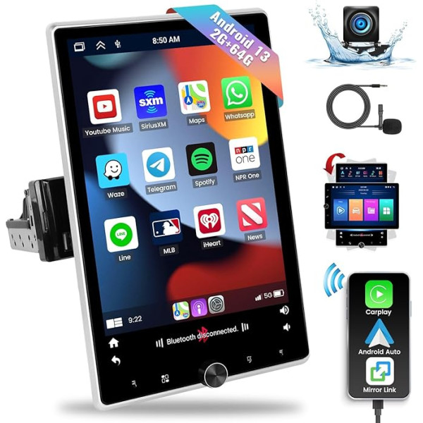 SIXWIN 2G+64G 1 Din Android 13 Autoradio mit Navi Wireless Apple CarPlay Android Auto 10.4 Zoll Bildschirm Motorisierte drehbare Display Bluetooth Auto Radio GPS Mirrorlink FM +Rückfahrkamera Mic