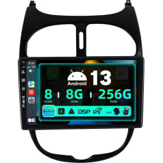 SXAUTO ¦ 8G+256G ¦ Android 13 IPS Autoradio für Peugeot 206 (2002-2010) - Eingebaut Carplay/Android Auto/DSP - LED Kamera + MIC - DAB Lenkradsteuerung Fast-Boot 360-CAM WiFi AHD - 2 Din 9 Zoll