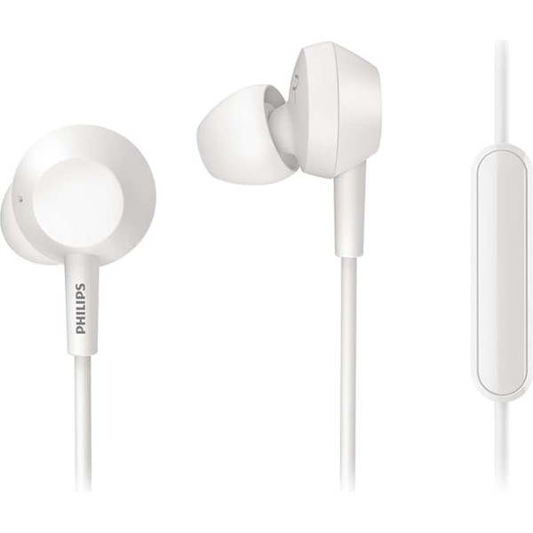 Philips Audio E4105WT/00 In-Ear austiņas ar mikrofonu (Bass+, iebūvēta tālvadības pults, 10 mm neodīma draiveris, 3 maināmie ausu uzgaļi, 1,2 m kabelis), baltas, viens izmērs, TAE4105WT/00