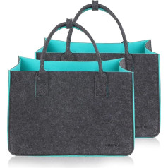 Unictop Pack of 2 Felt Shopping Baskets, Large Shopping Bag, Felt Bags, Shopping Bag, Two-Tone, Dark Grey/Turquoise, Long Handle, Foldable Shopping Basket, 5 mm Thickened