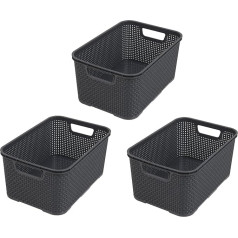 BranQ - Home essential Set of 3 Plastic Rattan Baskets made of Polypropylene, Anthracite, Size S (7 Litres)