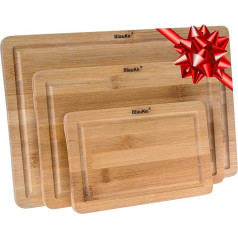 BlauKe® Bambusa kapāšanas dēļu komplekts - 3 koka kapāšanas dēļi - Bread Board Brokastu dēlis un koka servēšanas dēlis - profesionāli dabīgi antibakteriāli bambusa virtuves dēļi ar sulas gropi