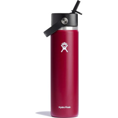 Hydro Flask 709 ml dzeramā pudele ar vāciņu ar salmiņu, vakuumizolēta, atkārtoti lietojama nerūsējošā tērauda pudele, necaurlaidīgs vāciņš, liels atvērums, ogu krāsas