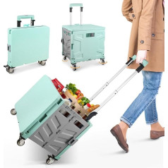 Foldable Shopping Trolley, Transport Trolley, up to 50 kg, 50 L Box, Shopping Basket with Lid, Extendable Aluminium Pull-Out Handle, 4 360° Rotating Metal Wheels, 103 x 43 x 38 cm (Green Grey)