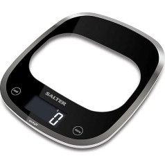 Salter 1050 BKDR Curve Digitale Küchenwaage, Schlankes Glas waag, große Oberfläche und modernes Design, 5kg, hochsensiblem LCD Display, tare-funktion, ml/fl oz, inkl. Batterien, schwarz