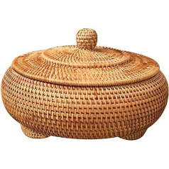 Lobamop Storage Basket Hand Woven Rattan Woven with Lid Round Colour Chinese Jewellery Snacks Tea Service Storage Box